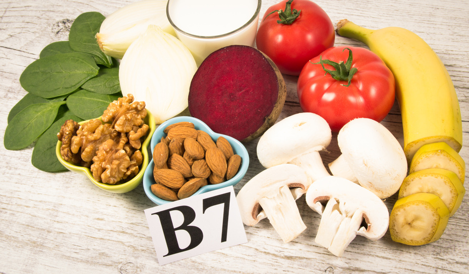 Healthy products and ingredients as source vitamin B7 (biotin), dietary fiber and natural minerals, concept of nutritious eating.